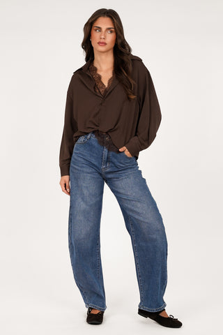 Blouse dames wijd met kant bruin - Cyril