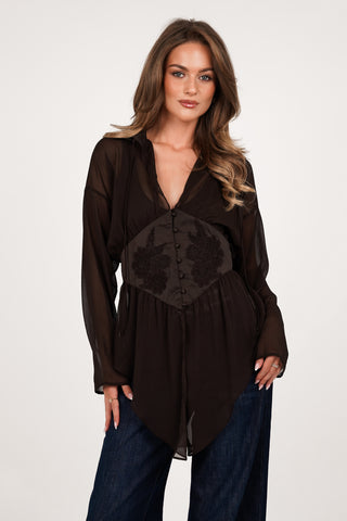 Blouse dames see-trough bruin - Flynn