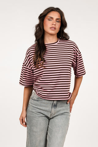 Boxy striped t-shirt pink/brown - Zenna