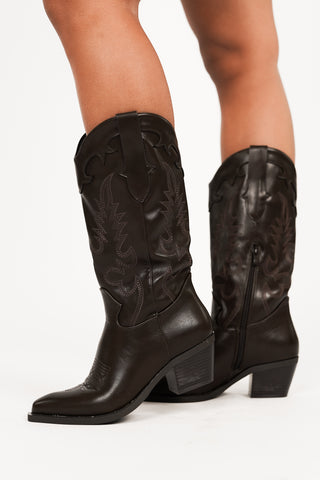 Embroidered Brown Cowboy Boots - Rose