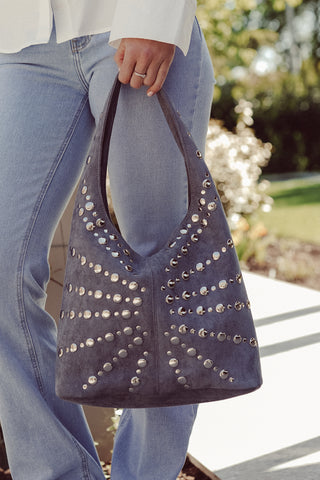 Suede handbag with silver studs blue - Virginia