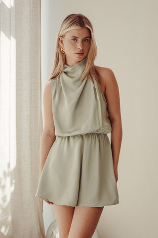 Satin playsuit with halter neck, green - Trix