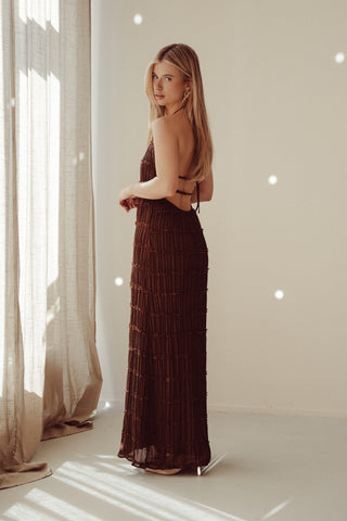 Maxi dress with halter and open back brown - Romy