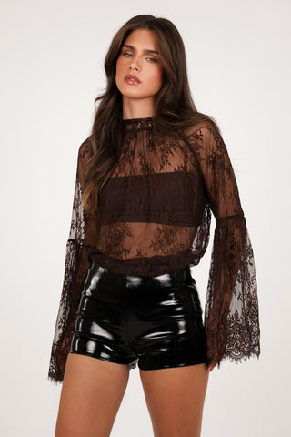 Kanten blouse doorschijnend bruin - Danique