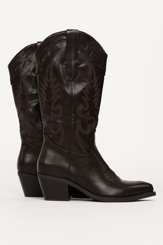 Embroidered Brown Cowboy Boots - Rose