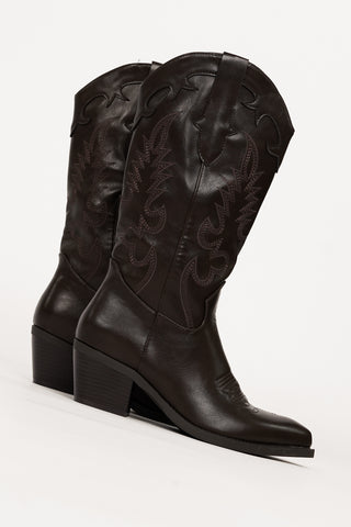 Embroidered Brown Cowboy Boots - Rose