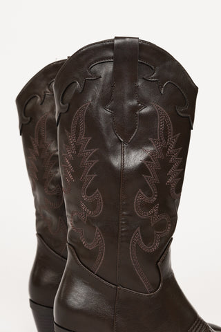 Embroidered Brown Cowboy Boots - Rose