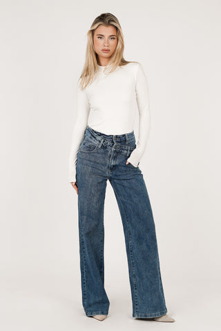 Dark blue straight leg jeans with double waist - Missy