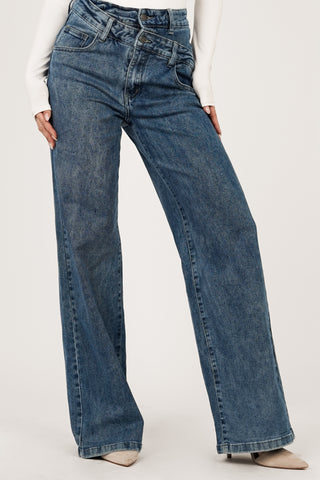 Dark blue straight leg jeans with double waist - Missy