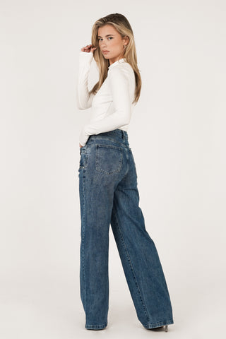 Dark blue straight leg jeans with double waist - Missy