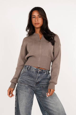Cropped cardigan with zipper in taupe - Maggie