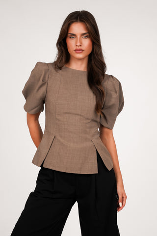 Top dames met pofmouwen taupe - Presley