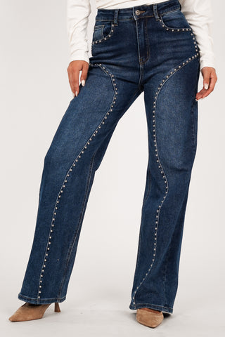 High waist jeans met studs blauw - Lena