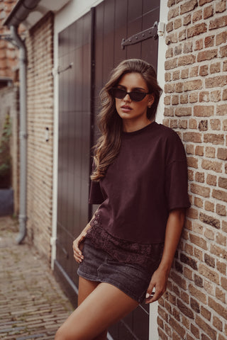 Oversized t-shirt with lace bottom yellow - Elvia