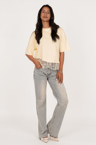 Oversized t-shirt with lace bottom yellow - Elvia