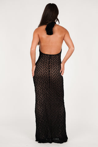 Schwarzes Maxikleid aus Spitze mit hohem Kragen - Quincy