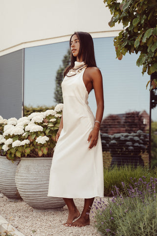 Midi jurk halter satijn beige - Iris