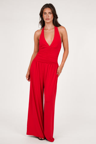 Jumpsuit stretch met v-hals rood - Dilan