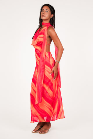 Maxi jurk met sjaal detail oranje/roze - Morgan
