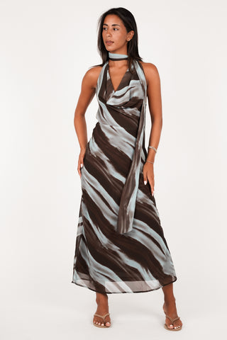Maxi jurk met sjaal detail blauw/bruin - Morgan