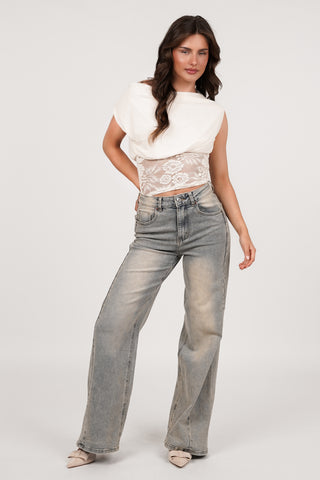 One shoulder top met kant beige - Sylvie