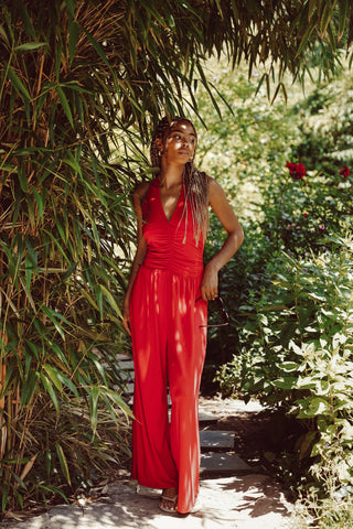 Jumpsuit stretch met v-hals rood - Dilan