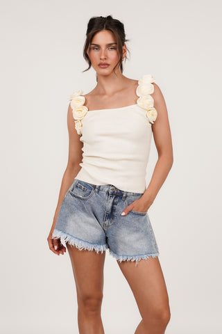 Sleeveless ribbed top with roses pink - Lydia