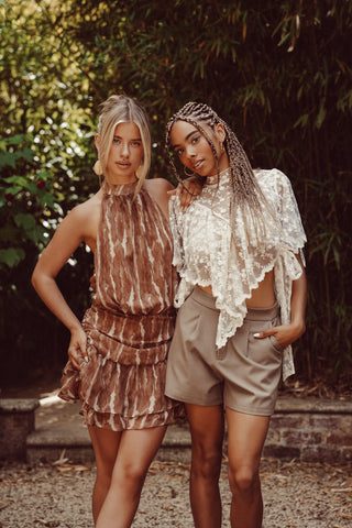 Halterjurkje met lurex camel/wit - Cora