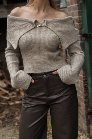 Off-shoulder top with buckle taupe - Lotus