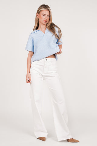 Wool top short sleeve with V-neck blue - Avelie