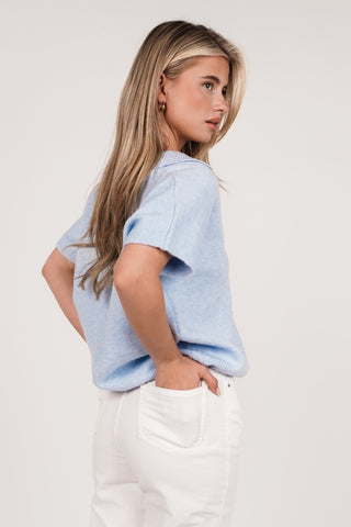 Wool top short sleeve with V-neck blue - Avelie