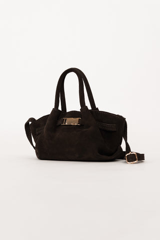 Suede leather handbag with crossbody strap taupe - Pleun