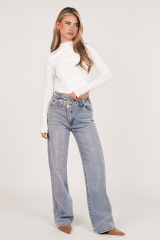 Straight leg jeans slanted button light blue - Yuno