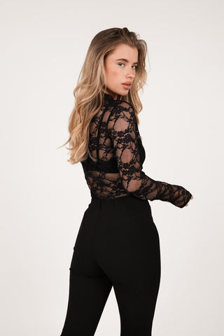 Schwarzer Body mit Spitze und Netzstoff - Olivia