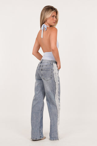 High waist jeans met kant licht blauw - Lucienne