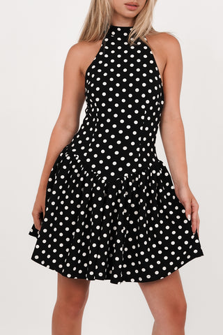 Halter jurkje met stippen zwart/wit - Helena