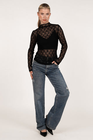 Black long-sleeved lace top - Minou