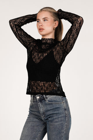 Black long-sleeved lace top - Minou