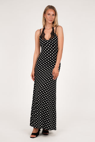 Maxi jurk met stippen en kant zwart/wit - Idalia