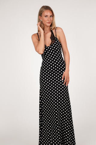 Maxi jurk met stippen en kant zwart/wit - Idalia