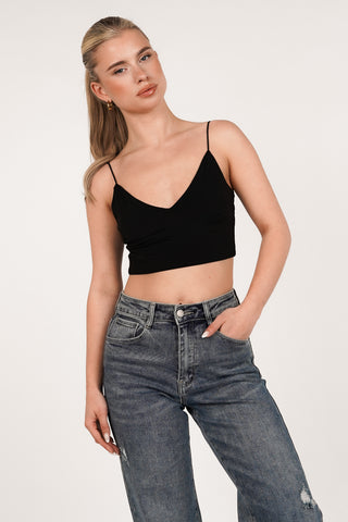 V-neck spaghetti strap crop top black - Lottie
