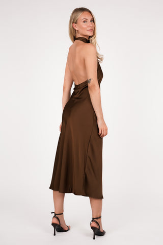 Midi jurk halter satijn bruin - Iris