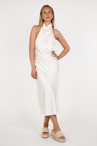 Midi jurk halter satijn beige - Iris