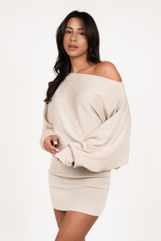 Knitted ribbed dress with wide sleeves beige - Kyra