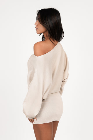Knitted ribbed dress with wide sleeves beige - Kyra
