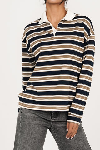 Gestreiftes Langarm-Poloshirt Beige - Ariana