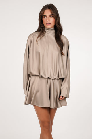 Halter jurk wijd satijn beige - Caty