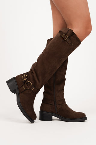 High Boots Suede Brown with Buckles - Dottie