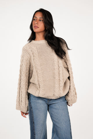 Oversized taupe cable knit sweater - Kiki