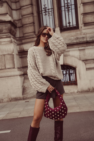 Oversized taupe cable knit sweater - Kiki